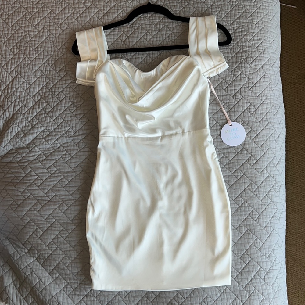REVOLVE Cream Mini Dress with Draped Neckline